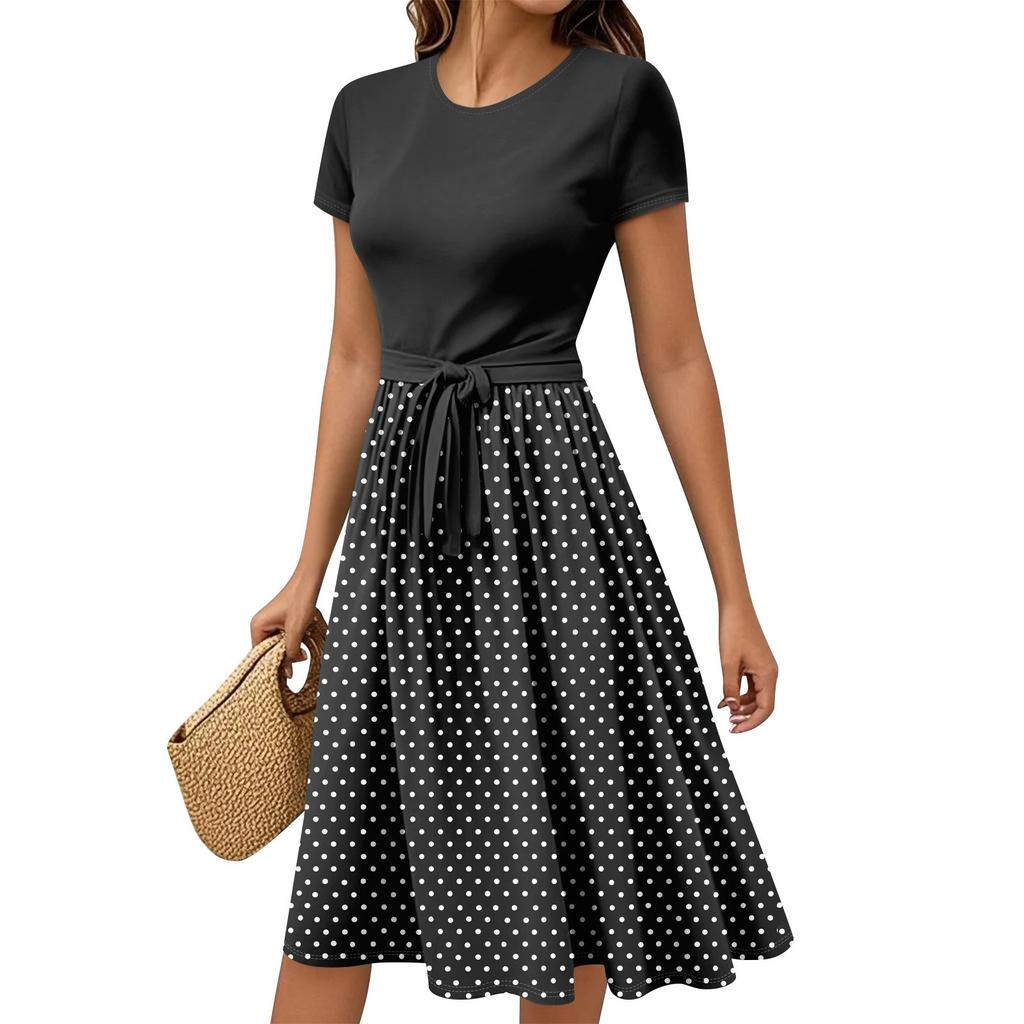 Women's Casual Fashion Belted Vintage Printed Short Sleeve Round Neck Elegant Dress