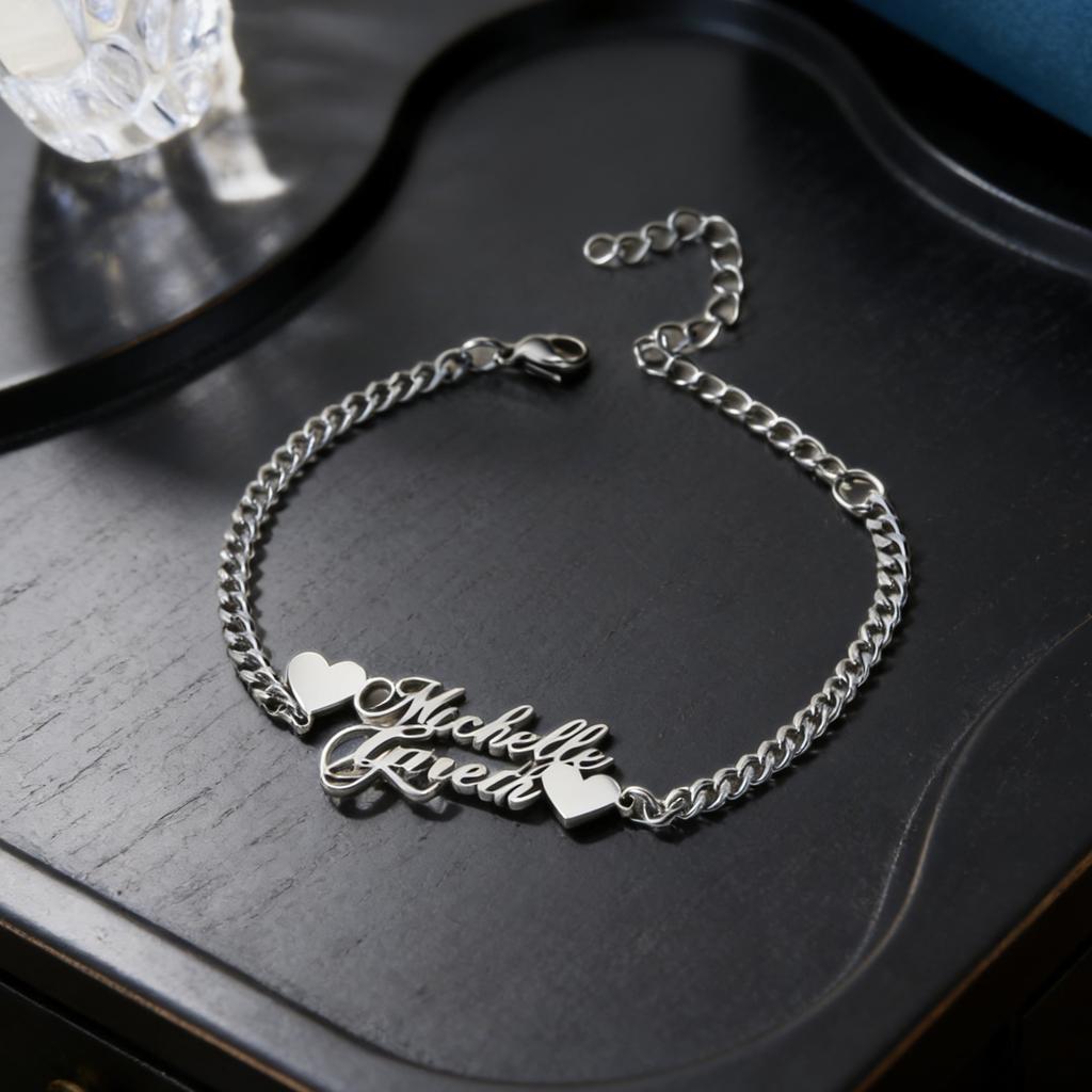 Atoztide Custom Double Heart Name Bracelet Thick Chain for Women Stainless Steel Jewelry Bangle Personalized Birthday Gift 