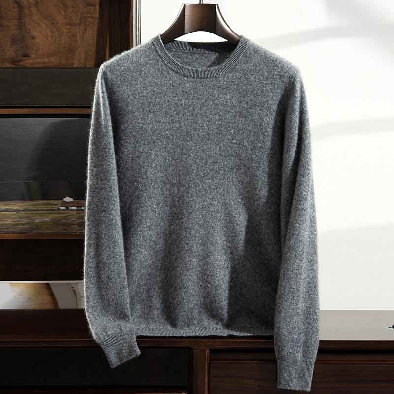 Men's Thick Warm Cashmere Sweater - Solid Color Round Neck Loose Fit