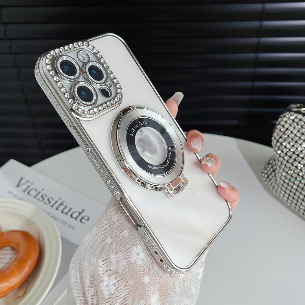 Magnetic Plating Glitter Diamond Camera Lens Protector Bumper Phone Case With Stand For iPhone 17 16 15 Pro Max Samsung S25 S24 Clear Protective Cover
