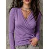 Fall New Style Cross V-neck Pleated Long-sleeved T-shirt Casual Top for Women