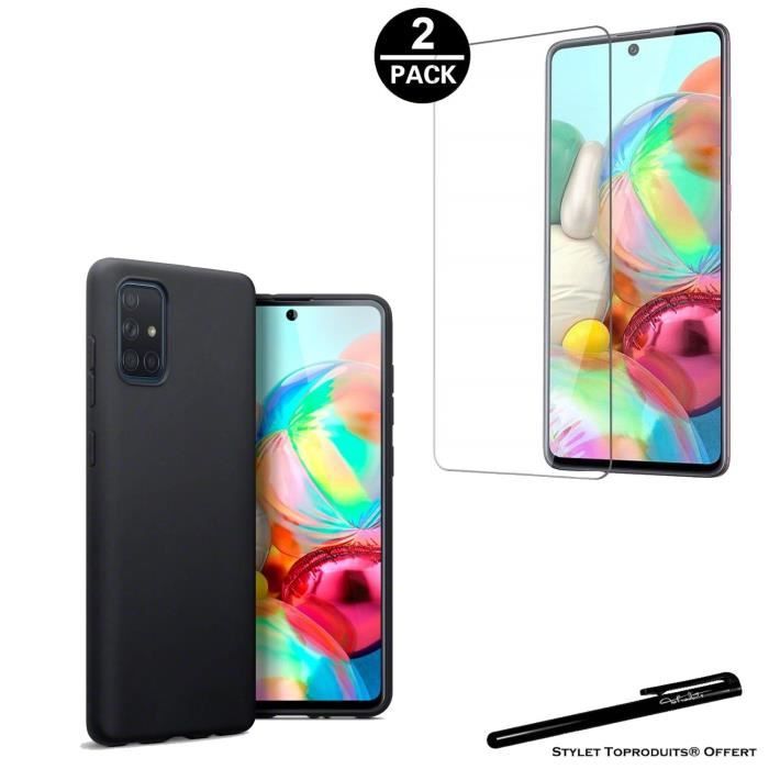 1 coque de protection noir + 2 films de protection en verre trempé pour samsung a71 avec stylet toproduits®