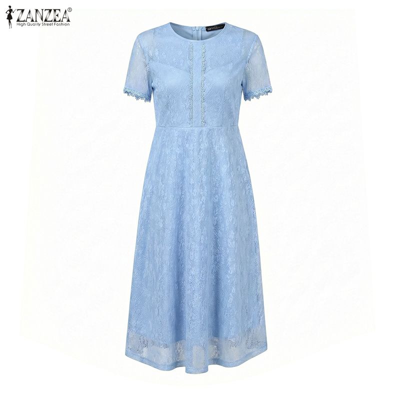 ZANZEA Vestido Feminino Casual de Verão com Gola Redonda, Manga Curta e Renda