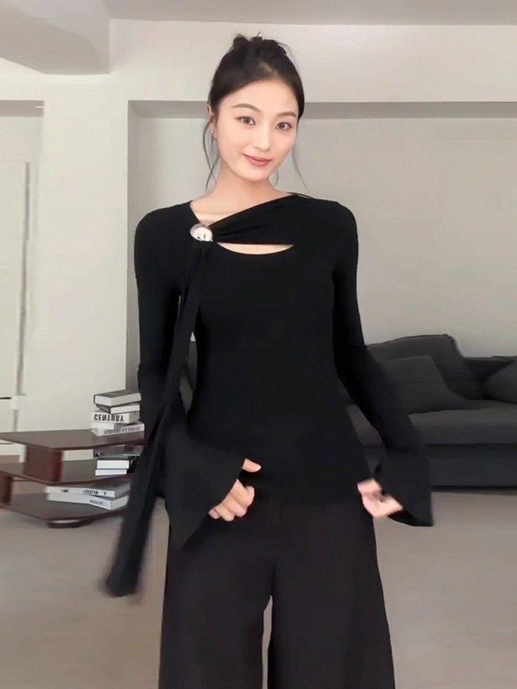 Xinwang Asymmetric One-Shoulder Ribbon Long Sleeve Women's T-shirt - 260g Modal