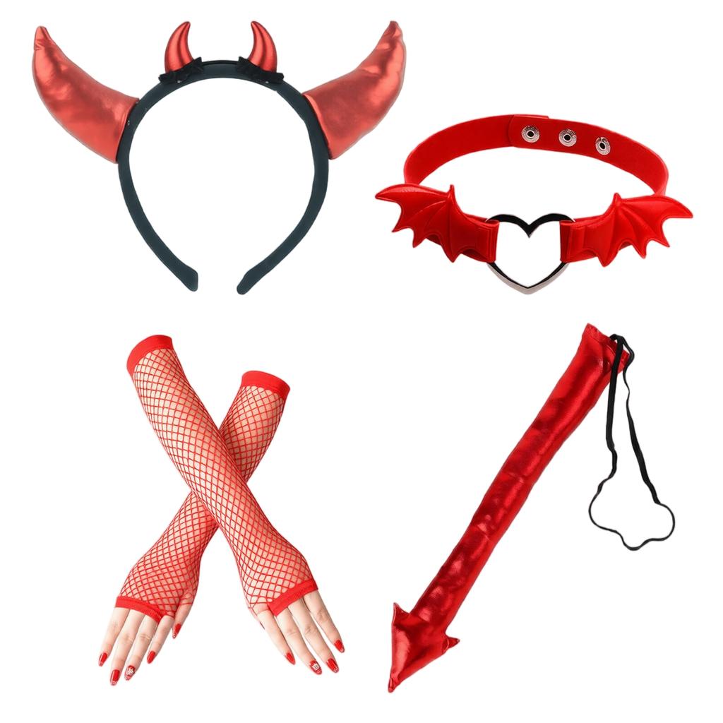 Devil Costume Accessories Set for Halloween - Headband Choker Gloves Tail