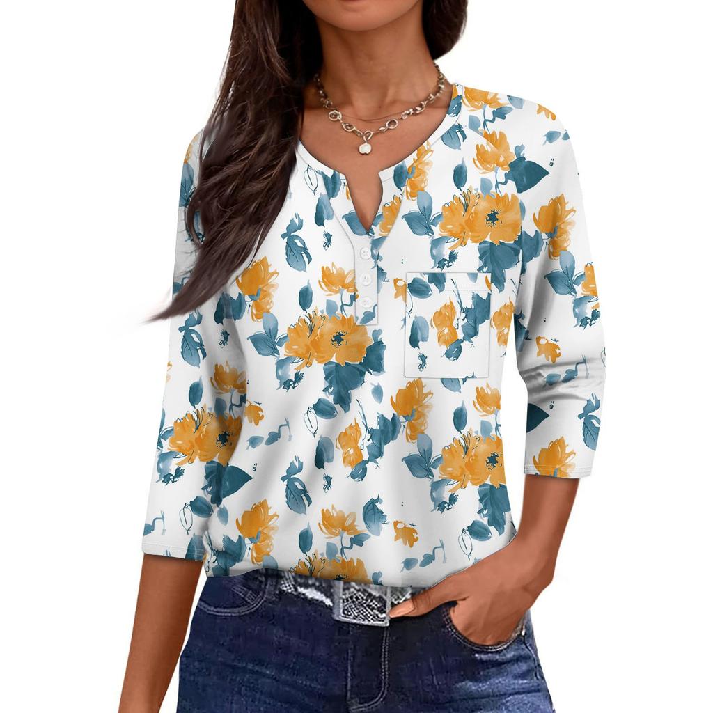Damska Codzienna Modna Dekolt V Luźna Wszechstronna Kwiatowy Wzór Rękawy Trzyczwarte