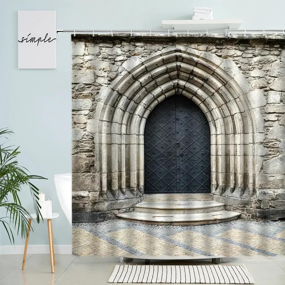 Morocco Arched Building Shower Curtain Gothic Retro Old Geometric Brick Wall Door Home Bathroom Waterproof Curtains Home Decor