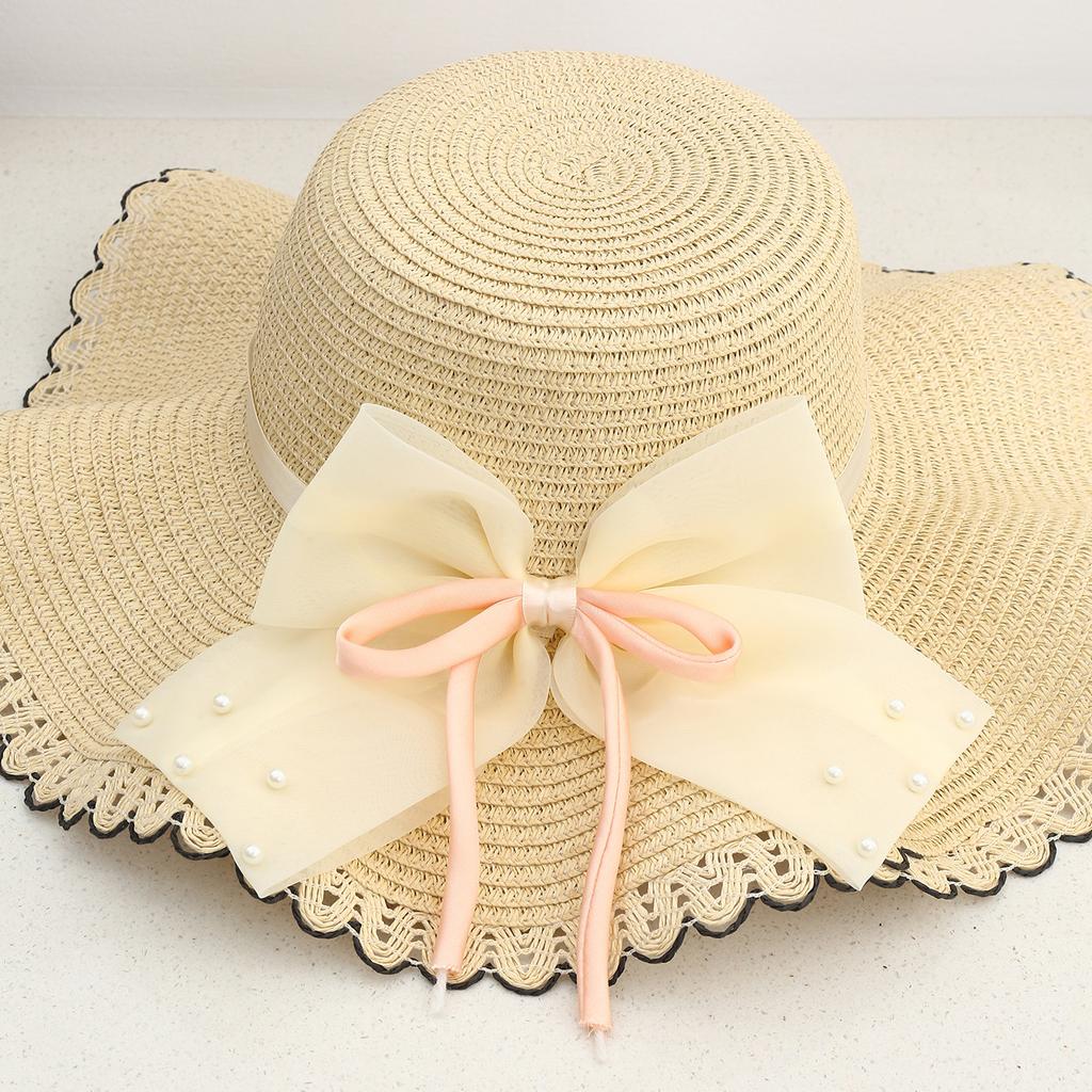 Sunshade Hat Summer Bow Pearl Grass Hat Simple Sun Protection Lace Sun Hat