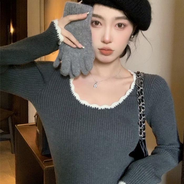 

Женская осенне-зимняя ретро-трикотажная блузка с цветными блоками, утягивающий топ с длинными внутренними рукавами во французском стиле L