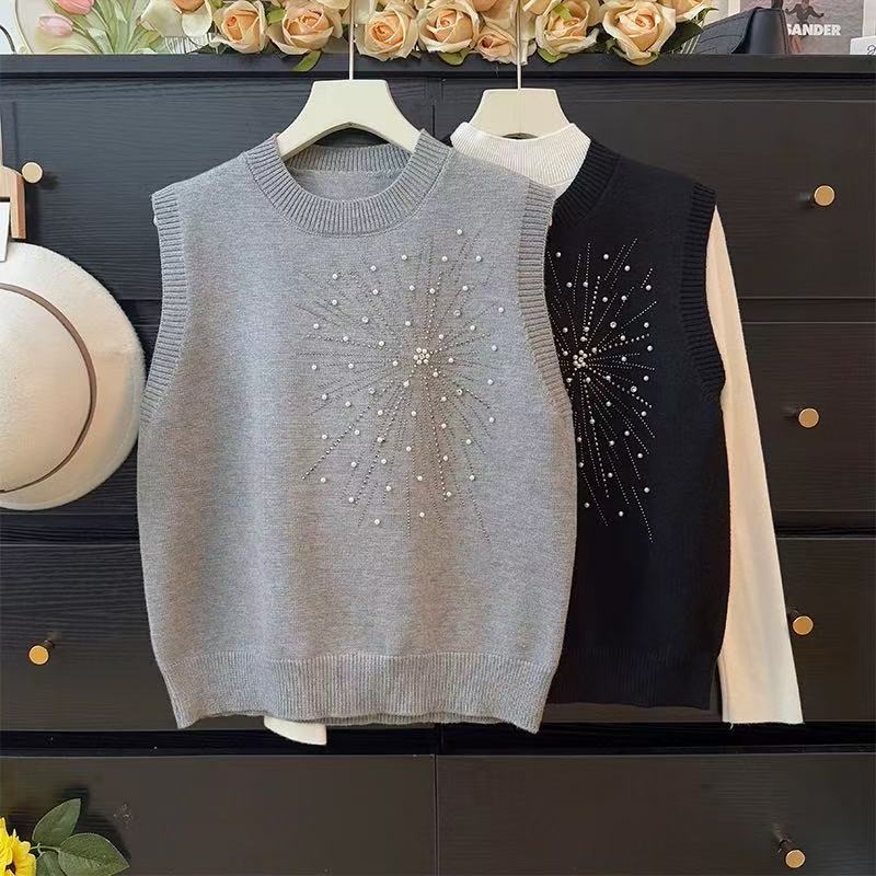 Summer Women Casual Sleeveless Solid Beading Knitted Sweater Pullover Vest Tops