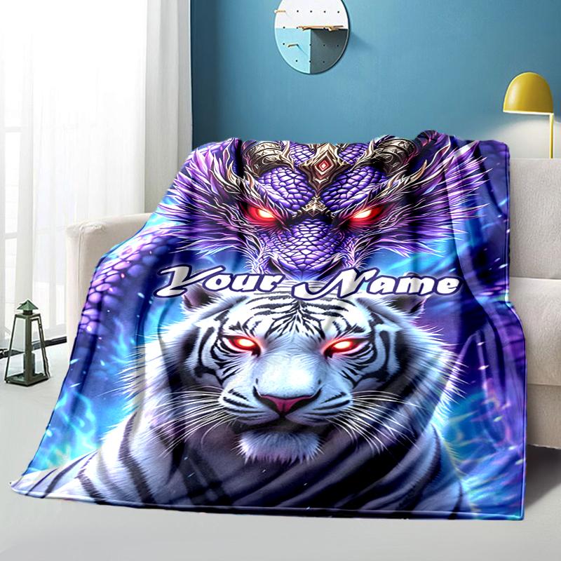 1PC Custom Name Tiger Dragon Fantasy Outdooor Flannel Blankets Throw Blanket All-Season Throw Gift Bedspread for Couch, Bed, Camping Holiday Birthday