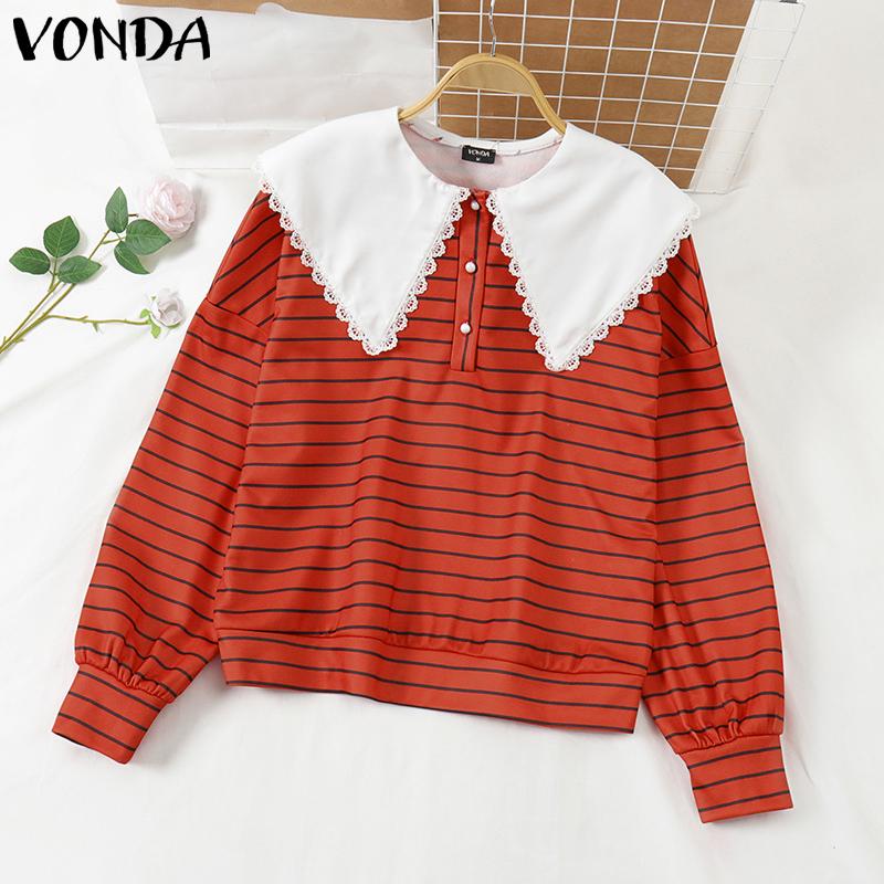 VONDA Women Doll Collar Long Sleeve Striped Casual Loose Pullovers Blouse
