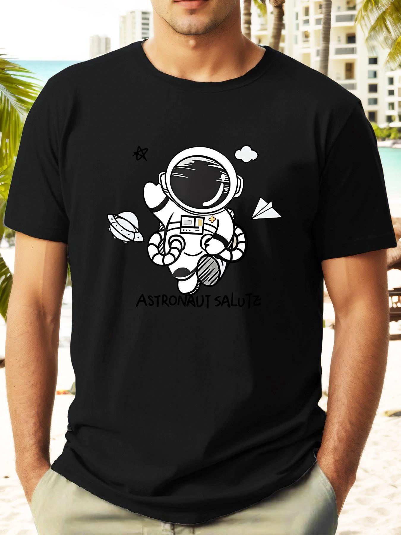 

Black Casual Short Sleeve T-shirt with Cartoon Astronaut & ASTR OUT SALUTE Graphic Print - Summer Round Neck Tee for Adults XXXXL
