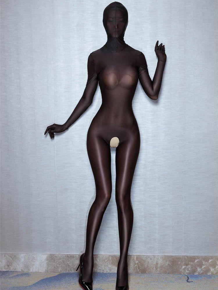 M Xl Hooded Catsuit Shiny Nylon Full Coat Zentai Bodystocking Open Crotch Bodysuit Tight Sexy Leotard Conjoined Jumpsuit Unitard