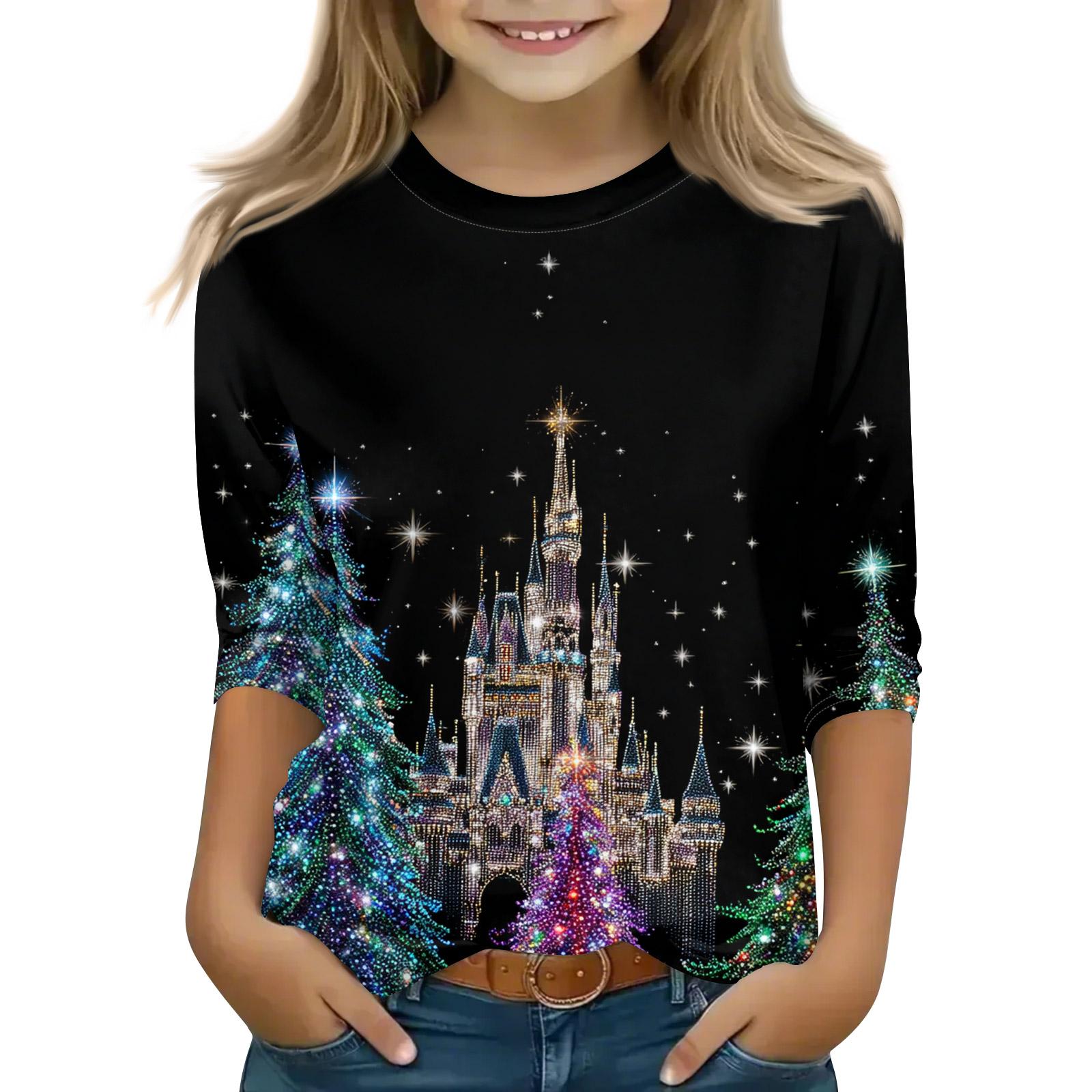 

Рождественские топы с принтом для девочек-подростков 5-16 лет, футболки с круглым вырезом и рукавами 3/4, модные топы, нарядные футболки 130 синий