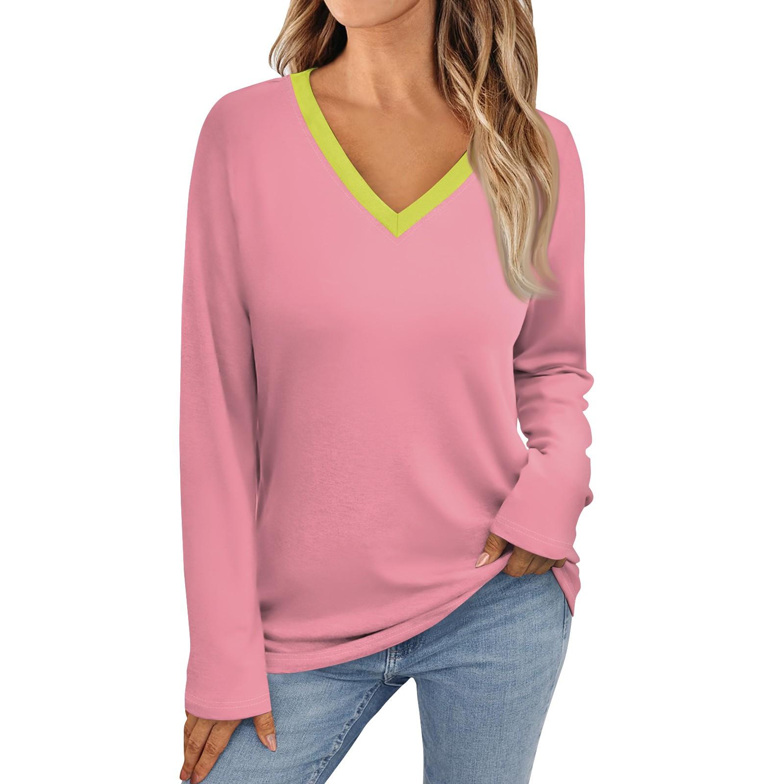 

Женские топы с длинным рукавом, рубашки с V-образным вырезом, повседневные принты, базовые модные футболки, блузки, осенние туники, облегающие футболки M розовый
