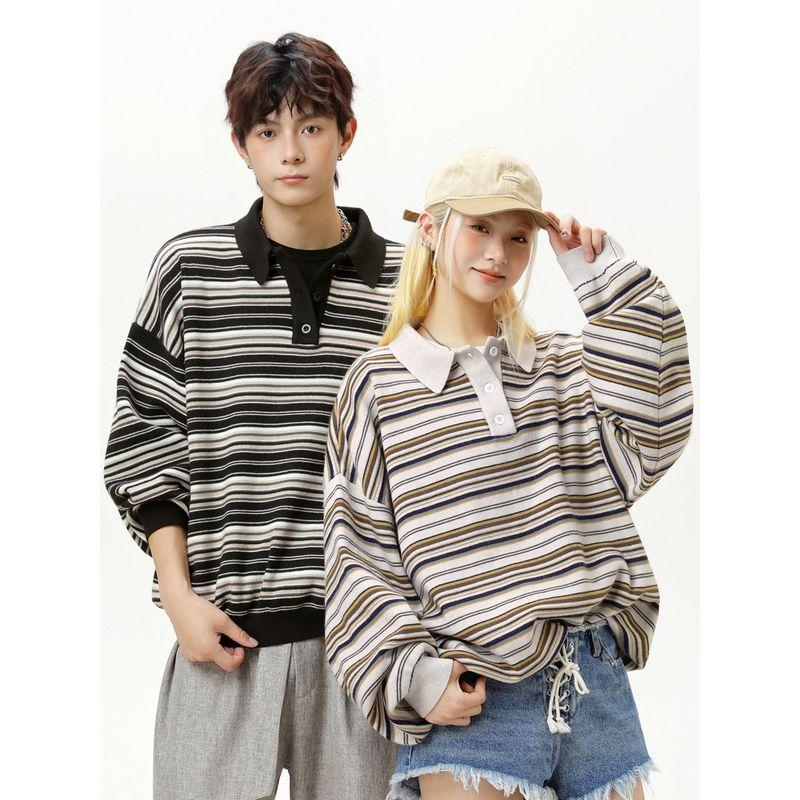 Wassup American Retro Vintage Style Polo Collar Striped Men's Loose Casual High-End Long-Sleeve Knit Sweater