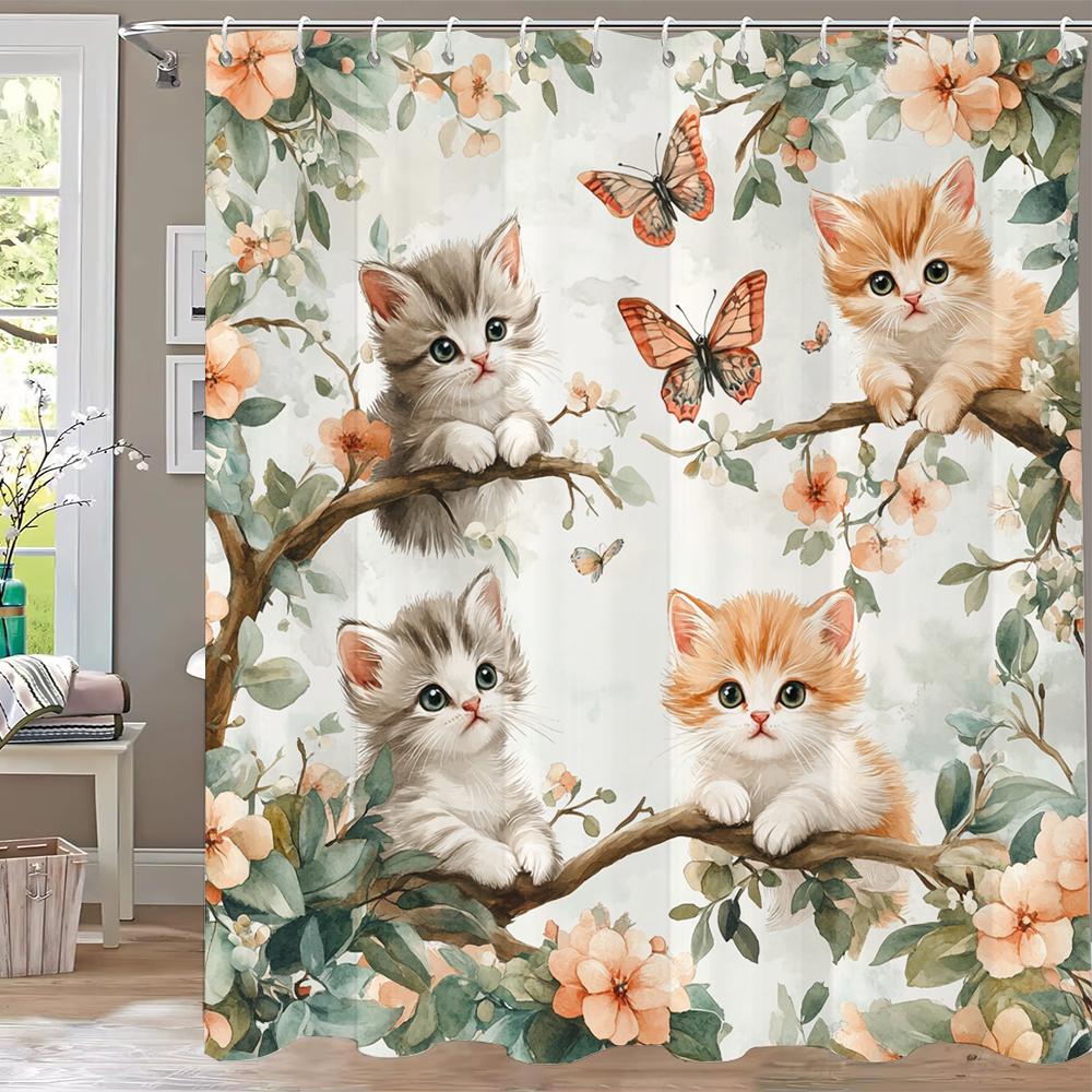 Cute Cartoon Cat And Dog Shower Curtain, Bathroom Decorative Curtain, Printed Shower Curtain, Home Decoration Curtain With Hooks