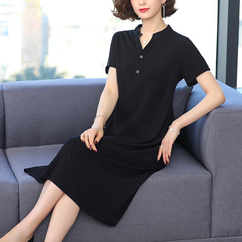 Women's Summer Over-the-Knee Loose Solid Color Dress in Cotton and Rayon