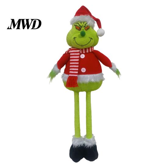 Christmas Tree Ornament Green Elf Plush Toy, Soft Stuffed Animal Doll with Standing Retractable Long Leg for Holiday Home Fireplace Mantel Decor Party