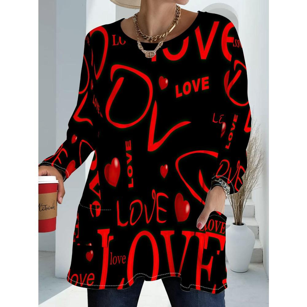 Women's Plus Size with Pocket Design Red LOVE Printed Long Sleeve T-Shirt