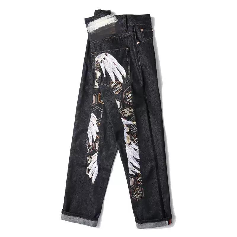 New Japanese Hipster Retro Hip-hop Fashion Print Jeans High Street Leisure Slim Straight Embroidery Y2k Print Stitching Trousers