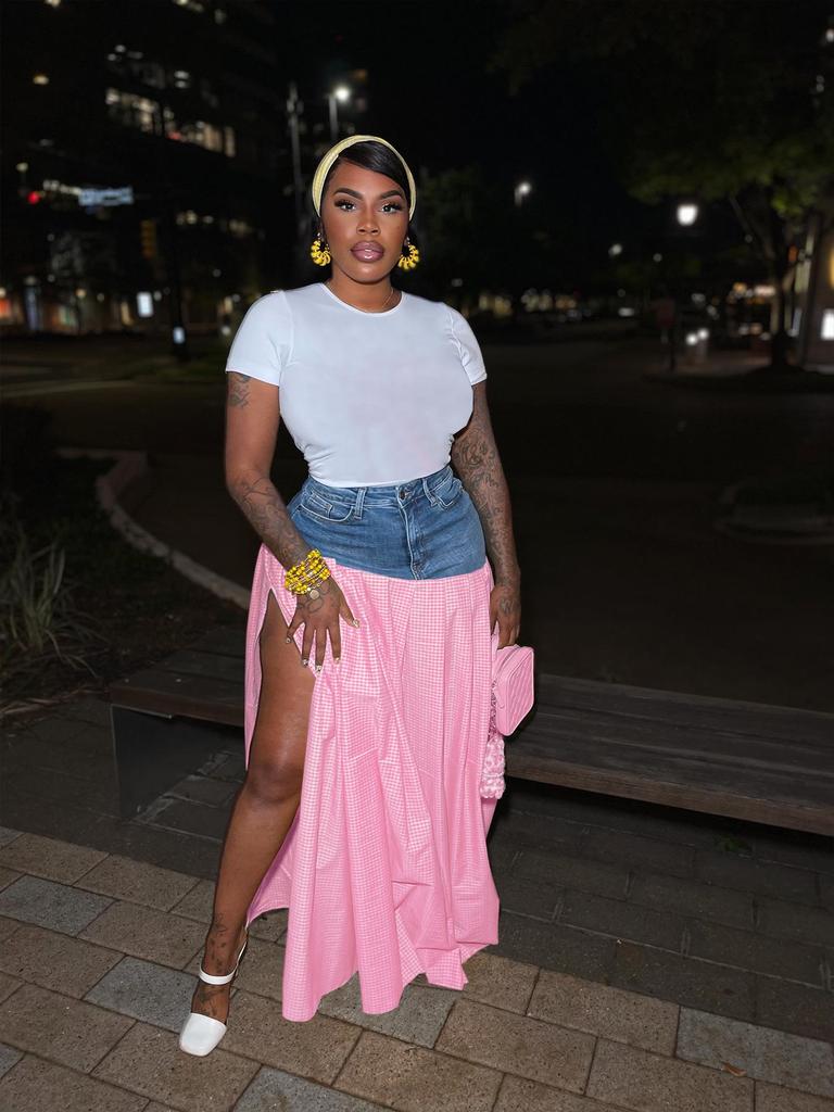 TW738 European & American Cute Fashion Spicy Girl High-Waisted Plaid Denim Patchwork Skirt