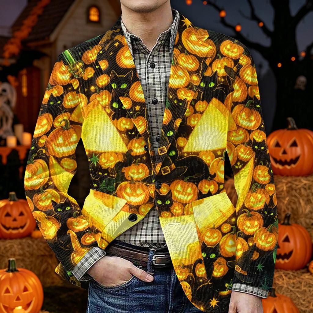 Men's Halloween Print Corduroy Warm Blazer Jacket with Pockets Casual Suit Coat Cardigan for Fall and Winter Wear