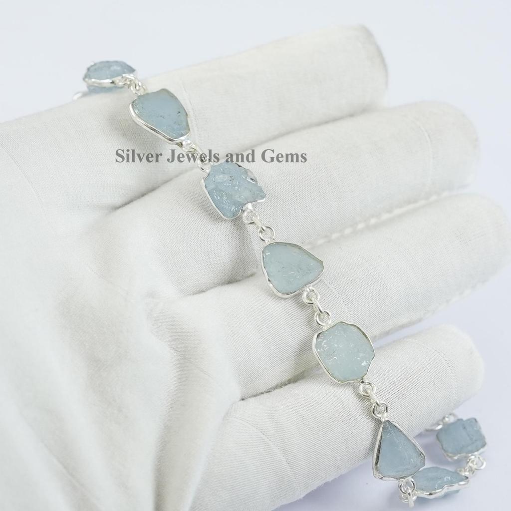 Raw Aquamarine Bracelet, 925 Sterling Silver Bezel, March Birthstone