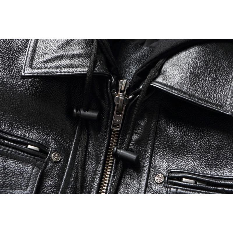 Chinese Size Removable Hooded Leather Jacket Men Genuine Cowhide Leather Coat Slim Biker Clothing Mens Coat Winter Veste Cuire Homme