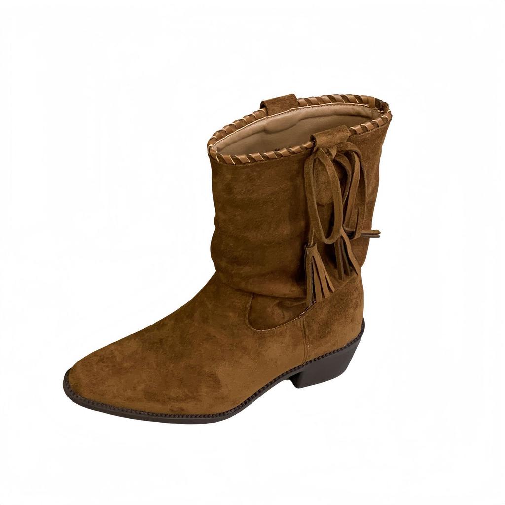 2025 New Thick Heel Pointed Western Boots Retro Tassel Medium Tube Thin Boots Versatile Suede Boots Women's Short Boots