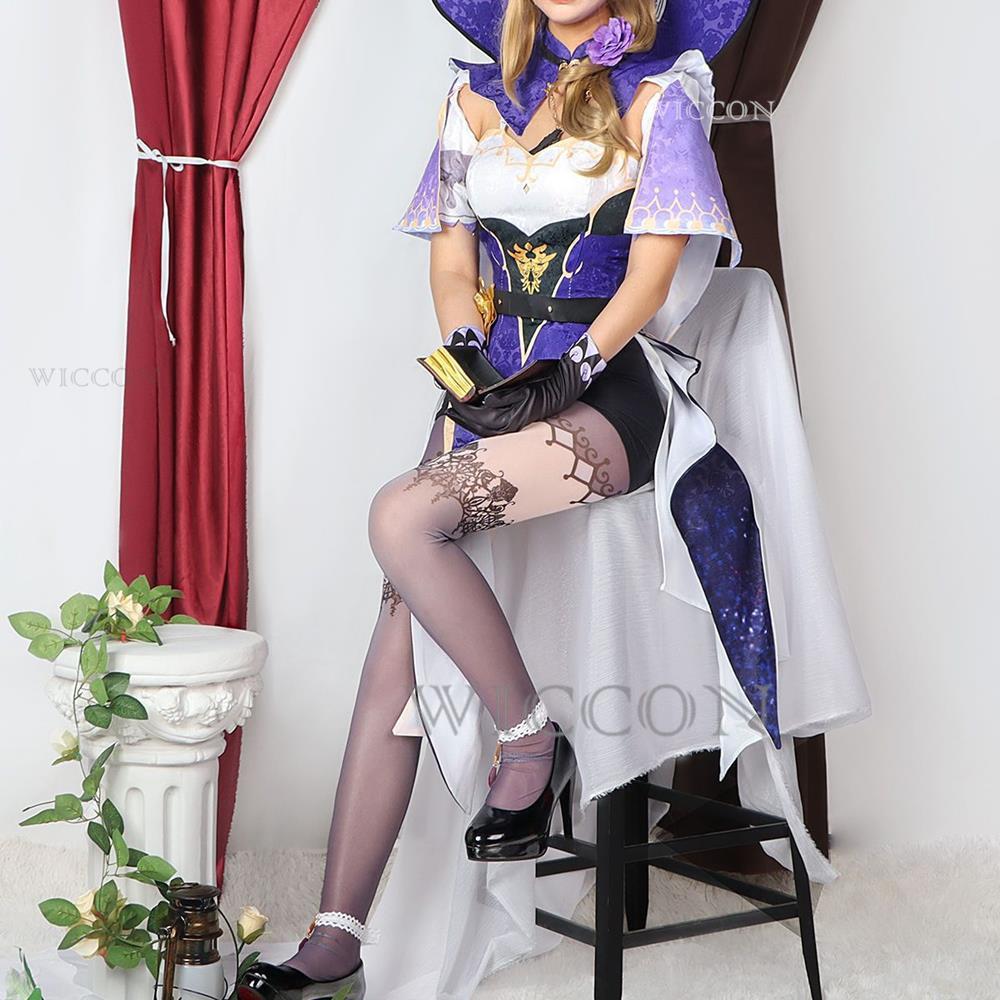 Genshin Lisa Kostium Cosplay Anime Gra Genshin Impact Lisa Peruka Sukienka Kapelusz Rękawiczki Stroje Lisa Kostium na Halloween Dla Kobiet
