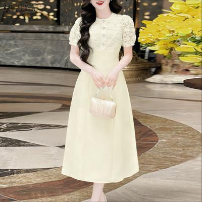 Rochie lungă casual de damă, cu patchwork din dantelă, gât rotund, mânecă scurtă