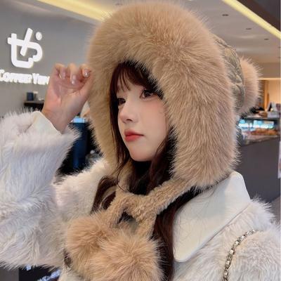 Жіноча тепла пухова шапка для захисту вух, плюс оксамитова потовщена бавовняна шапка, вітрозахисна шапка, плюшева мила шапка, що підкреслює обличчя, шапка в стилі Маленький Лей Фенг