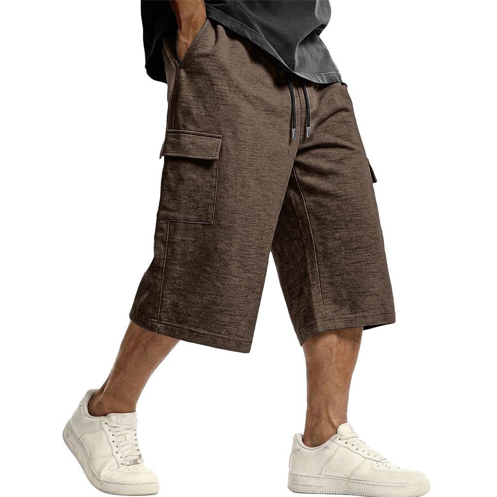 Men's Casual Drawstring Cargo Shorts Knee Length Loose Fit Lightweight Breathable Fabric with Multiple Pockets for Everyday Wear