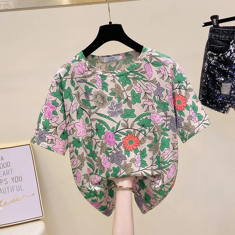 Plus Size Women's T-Shirt Short Sleeve Printed Loose Slimming Summer Korean Style Cotton Crew Neck Top for Outer Wear