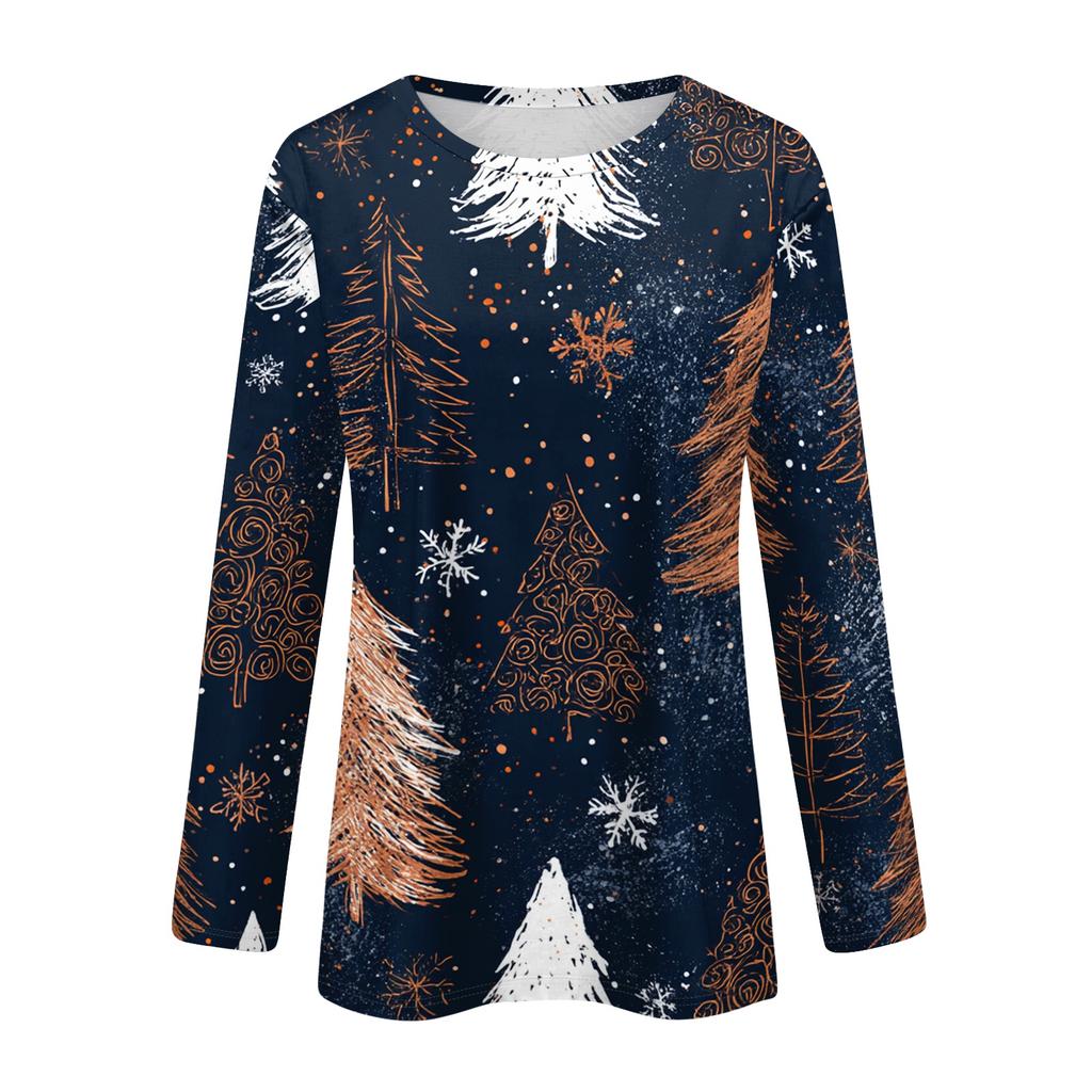 Women's Fashion Christmas Print Crewneck Long Sleeve Pullover Top for Casual Holiday Wear
