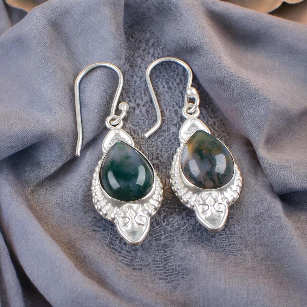 Natural Moss Agate Gemstone 925 Stamped Silver Handmade Partywear Earrings 1.80" EE-42-28