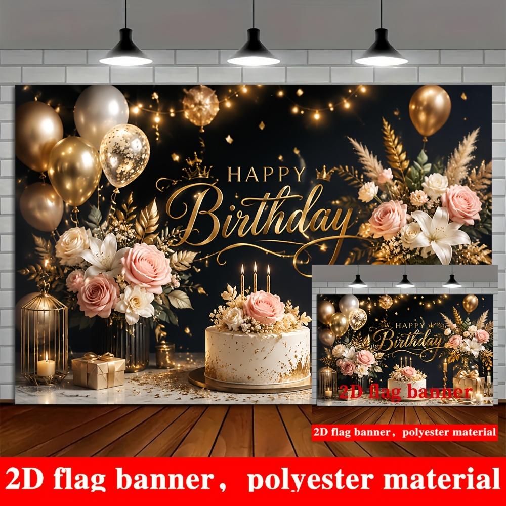 Black Gold Happy Birthday Backdrop Balloons Roses Cake Gift Boxes Polyester