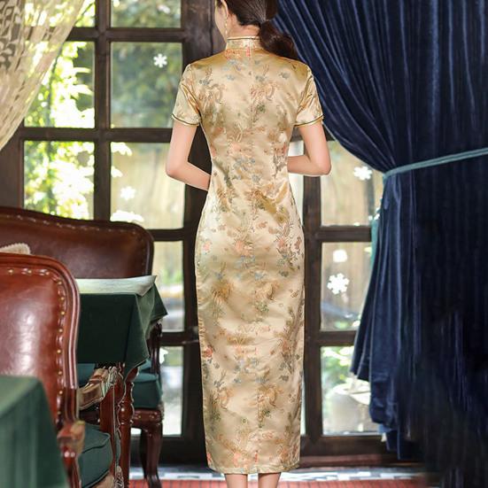 Printed Cheongsam Mid-Calf Length Waist Tight Close-fitting Woman Dragon Phoenix Pattern Elegant Split Dress