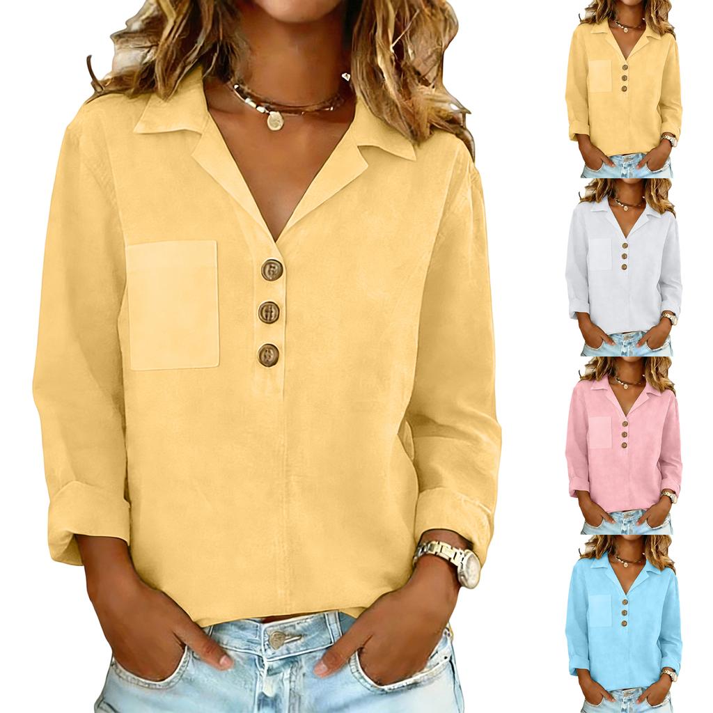 Women's Color Button Pocket Lapel Loose Cotton And Linen Shirt Top