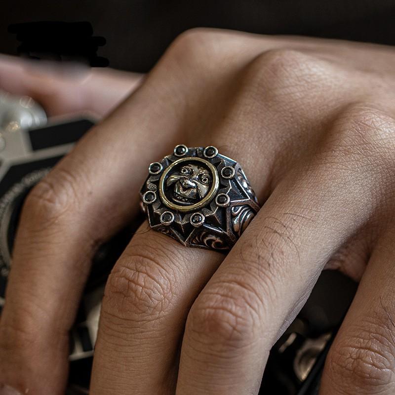 Vintage Gothic Clown Ring Men Women Adjustable Open Band Sterling Geometric Skull Design Handmade Statement
