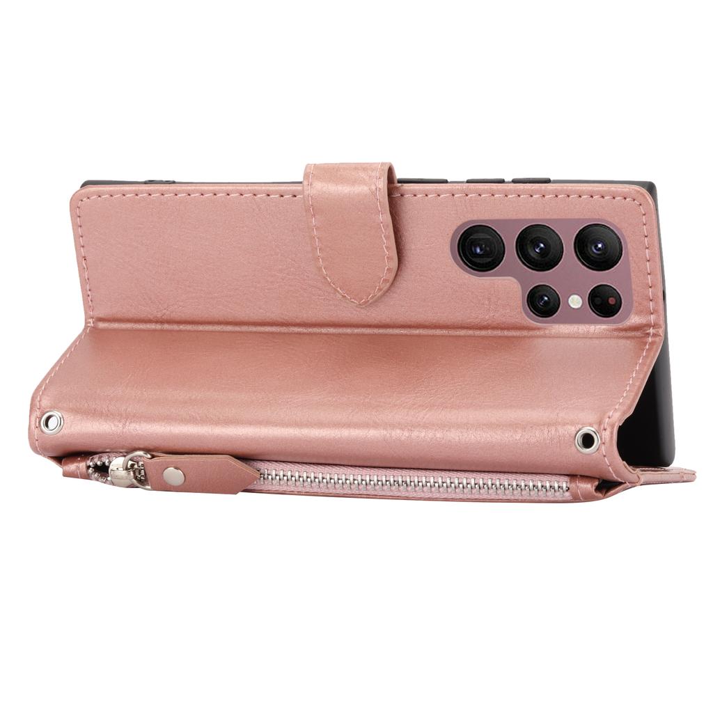 For Samsung Galaxy S25 Ultra Case Zipper Pocket Leather Phone Cover with Crossbody Shoulder Strap