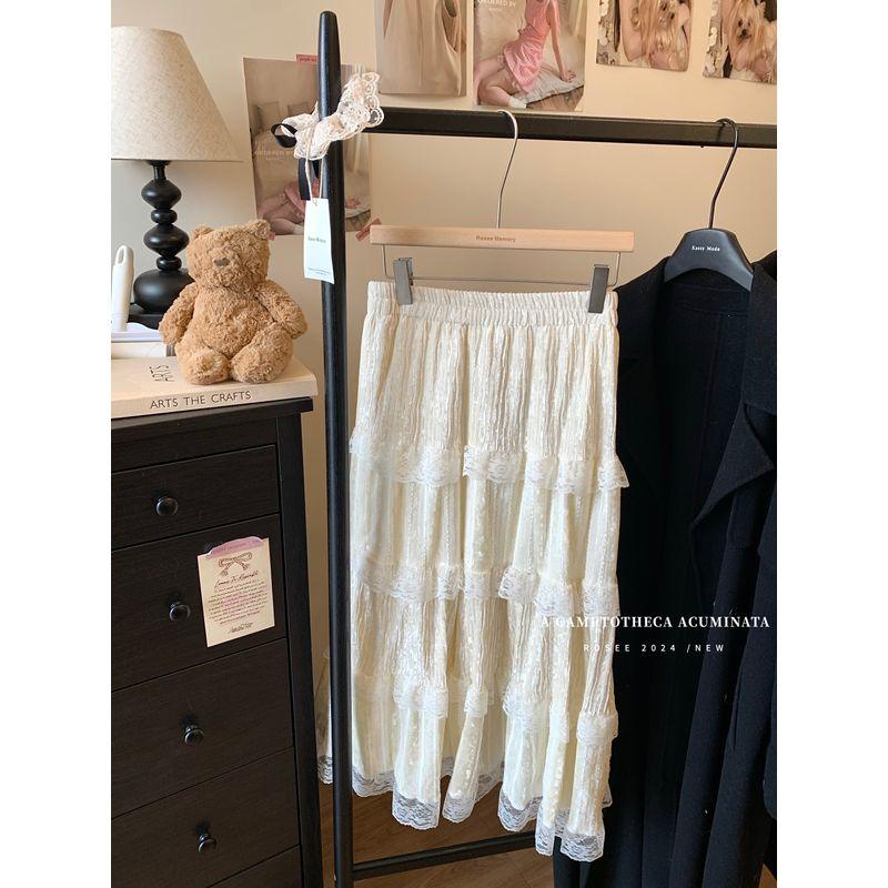 

Kumikumi Sweet Style Lace Stitching Skirt Women s Autumn Loose All-Matching Youthful-Looking Cake Dress Midi Dress Picture Color Long Dress One size