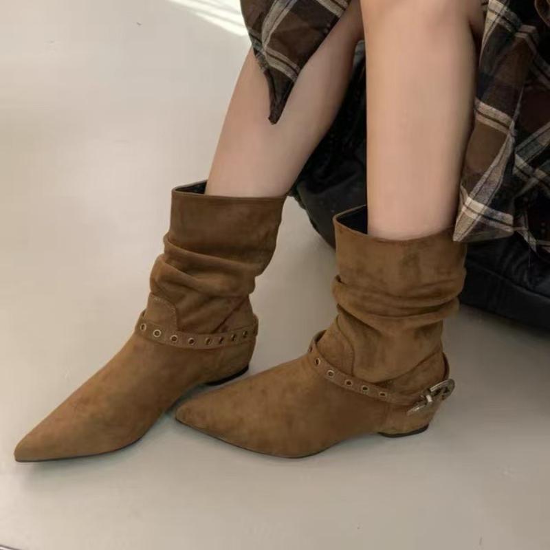 New Style Woman Ankle Boots Autumn Suede Pleated Women Pointed Toe Western Cowboy Boots Fashion Short Luxury Boots