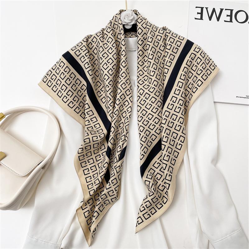 Light luxury temperament silk scarf women's new large square scarf twill silk 91cm travel shawl geometric color matching simple scarf new