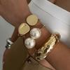 SHIXIN 2026 New Fashion Smooth Gold Color Silver Color Metal Spring Bangles for Women Hip Hop Imitation Pearl Wide Cuff Bracelet