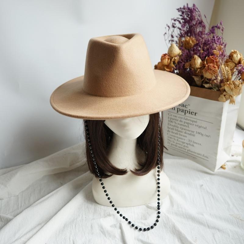 Internet Celebrity With Pearl Chain Celebrity British Retro Black Wool Big Wide Brim Jazz Top Hat Female Autumn And Winter