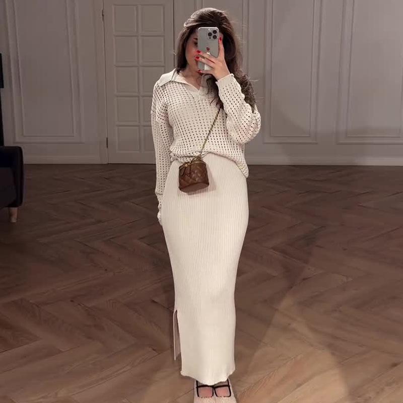 2024 Autumn Women's Solid Color Polo Collar Top & Slim Fit Hip Wrap Skirt Set