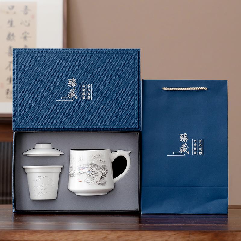 Speckstein Jade Weiß Porzellan Keramik Büro Tasse Geschenkbox Set Tee Trennbecher Geschäftsveranstaltung Souvenir